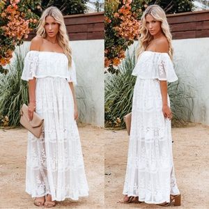 OUR TOGETHER IS FOREVER OFF THE SHOULDER LACE MAXI DRESS